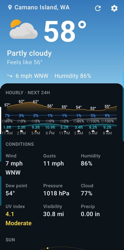 Weather Nerd app showing current conditions for Camano Island, WA, a 24-hour chart, and a detailed conditions panel.