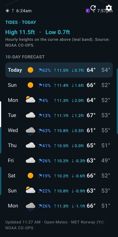 Weather Nerd app showing today's NOAA tide highs and lows above a 10-day forecast.